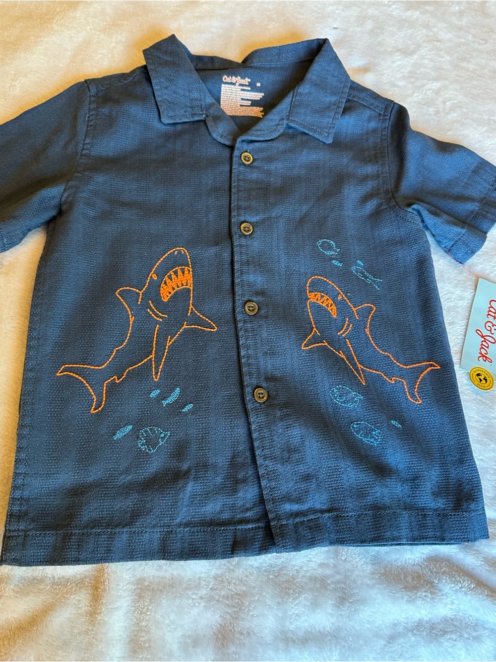 Cat & Jack Navy Blue Short-Sleeve Shark Button-Up Shirt with Orange Embroidery